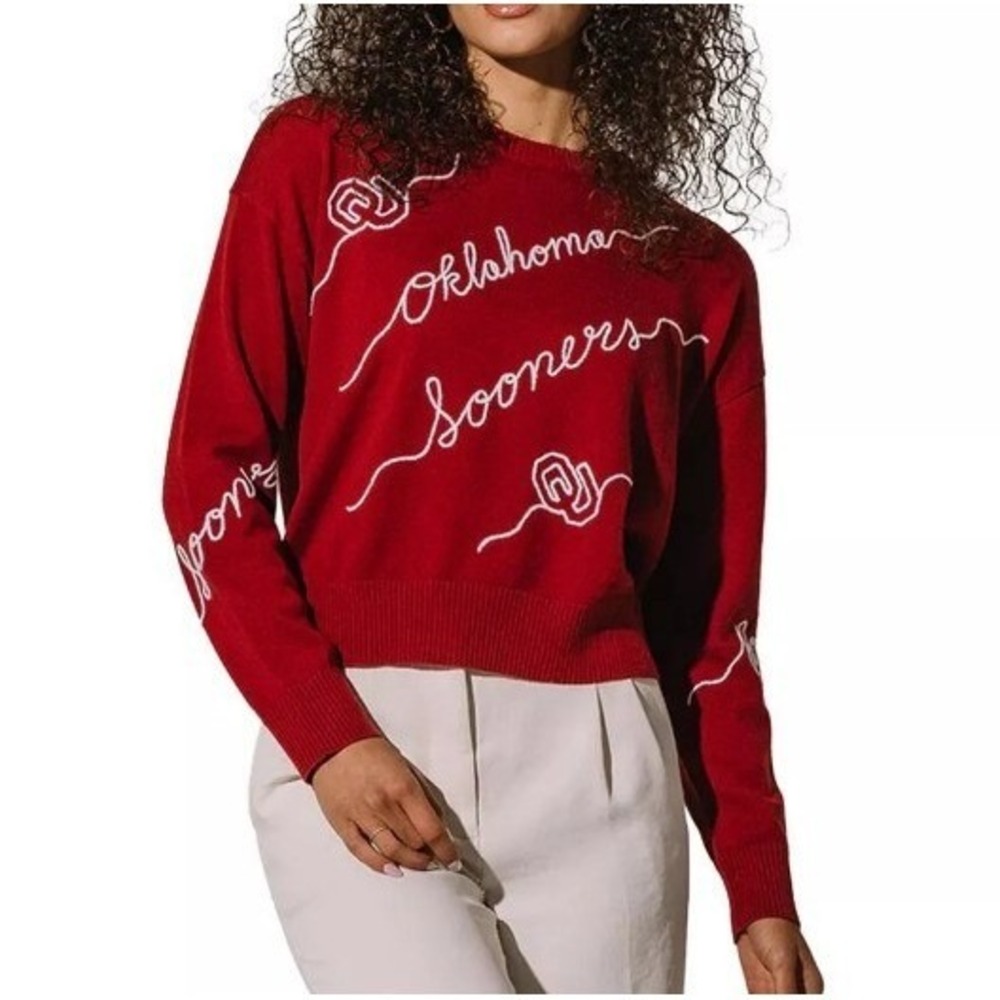 NWT Kadyluxe OU Sooners Love Letter Chain Stitch Knit Sweater Crimson/White M